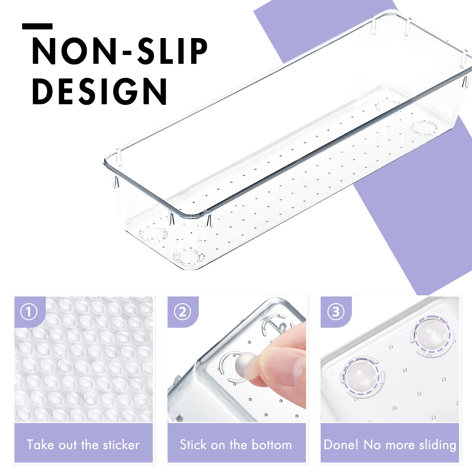 HOUSE DAY Desk Drawer Organizer Bins 4 PCS, 9*3*2" Clear Drawer Organizers with Silicone Pads, Vanity Organizers and Storage, Non Slip Plastic Drawer Organizer for Makeup, Bathroom, Kitchen, Office