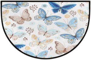 bathroom rugs butterfly floral half round door mat, beautiful blue non-slip half circle area rug doormat washable half moon rug indoor entrance doormat for kitchen bedroom home decor 18x30 inch