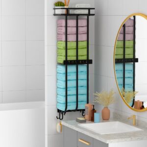 Towel Racks with Metal Storage Shelves Shelf for Rolled Towels, 3 Bar Towel Storage for Bathroom Wall Mounted, Towel Organizer for Folded Large Towel Washcloths, Bath Towel Holder Shelf with 4 Hooks