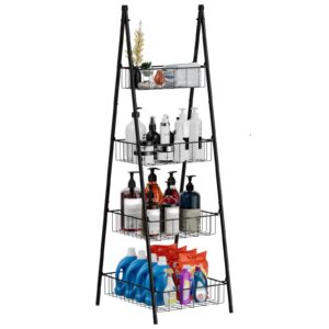 Wire Basket Stand for Kitchen and Bathroom 4 Tier Fruit Storage Basket Stand Metal Floor Standing Vegetable Holder Basket Stand for Snacks Pantry Kitchen Storage, Black