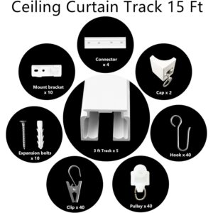 MaKefeile Ceiling Curtain Track Ceiling Mount Room Divider Curtain Rods Track Heavy Duty Curtain Rod Track RV Shower Outdoor Curtain Track Rail Clip Hook Set White 3-15ft