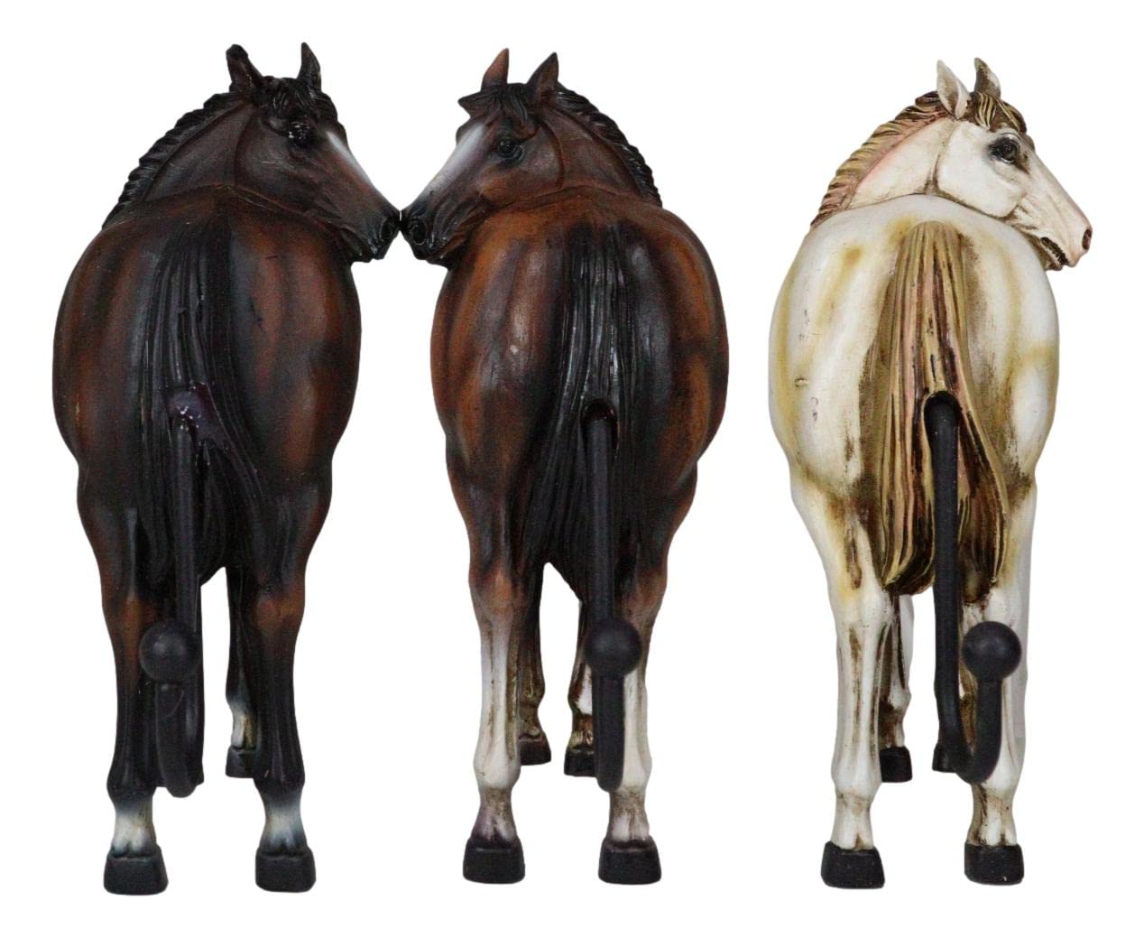 Ebros Gift Set of 3 Rustic Western Country Farm Black Brown Chestnut Horses Hind Butt Hindquarter Coat Key Hat Leash Backpack Wall Hanging Hooks Decor Hangers Cowboy Horse Hook Organizers