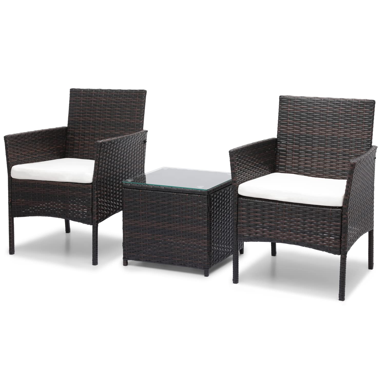 MoNiBloom 3 Pieces Patio Furniture Set, Outdoor Conversation PE Rattan Furniture Front Porch Set with Washable Cushion and Tempered Glass Tabletop for Garden Poolside Balcony, Capacity 250 lbs, Brown