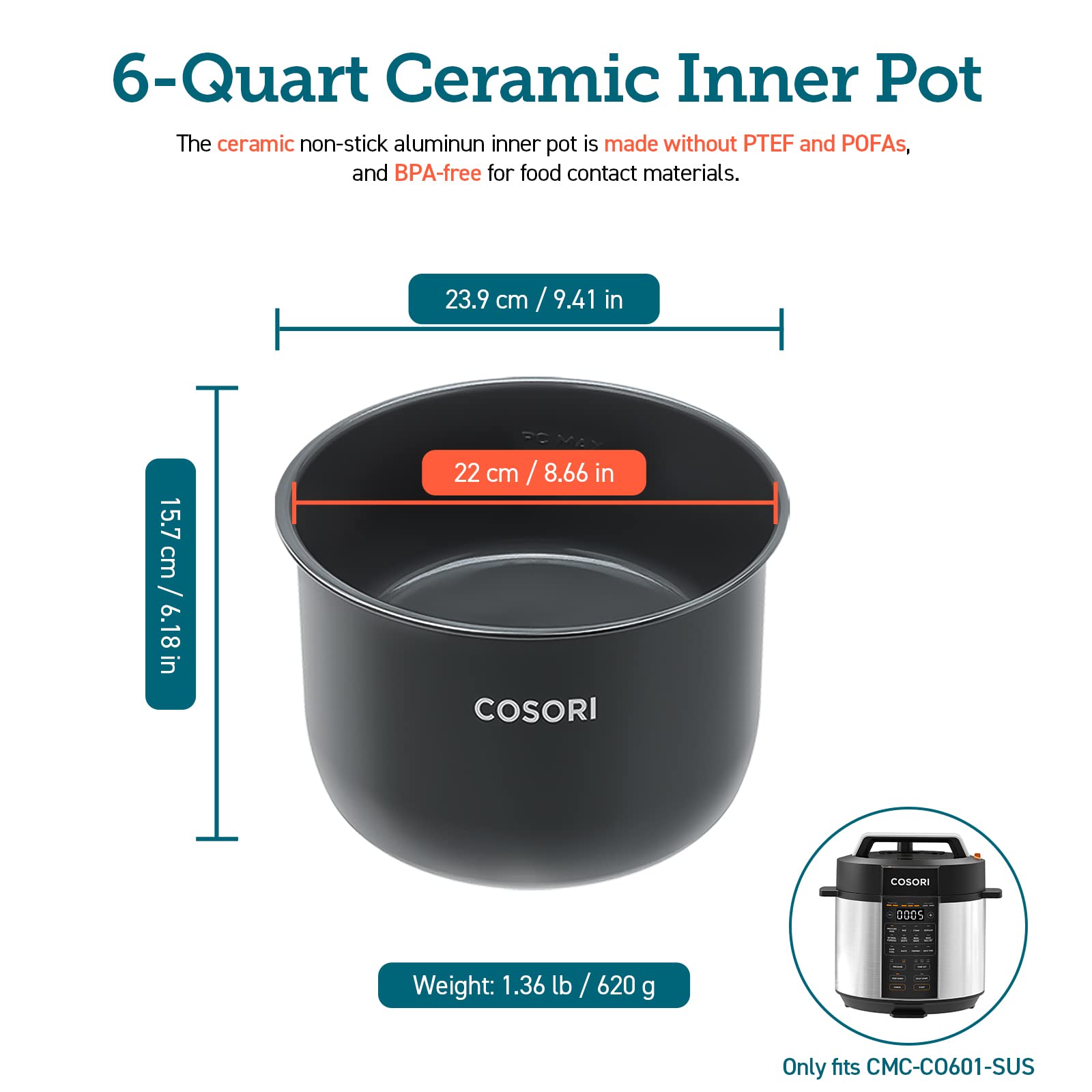 COSORI Pressure Cooker Inner Pot, Compatible with CMC-CO601-SUS Only, Ceramic, BPA-Free, Non-Stick, CRP-CO601IP-SUS