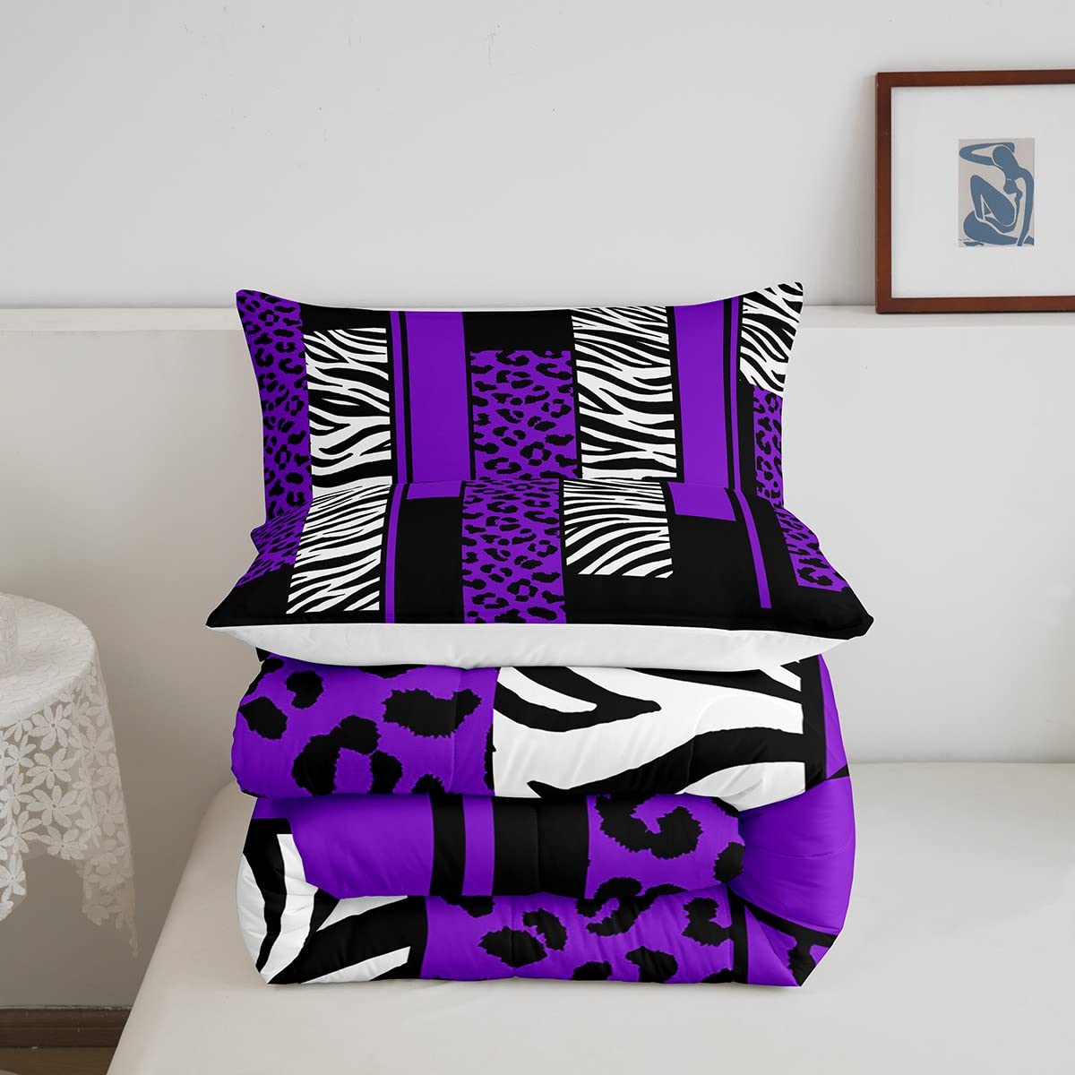 Feelyou Leopard Zebra Comforter Set King Size Kids Cheetah Purple White Black Comforter for Boys Teens Animal Print Bedding Set Safari Duvet Set Geometry Room Decor Quilt Boys