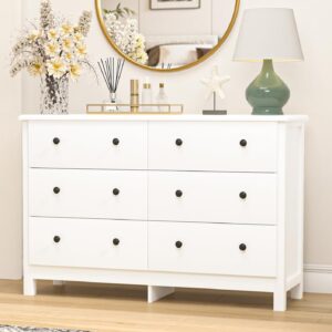 sinrom white dresser for bedroom, modern 6 drawer dresser for living room, hallway, wide chest of drawer with black pulls