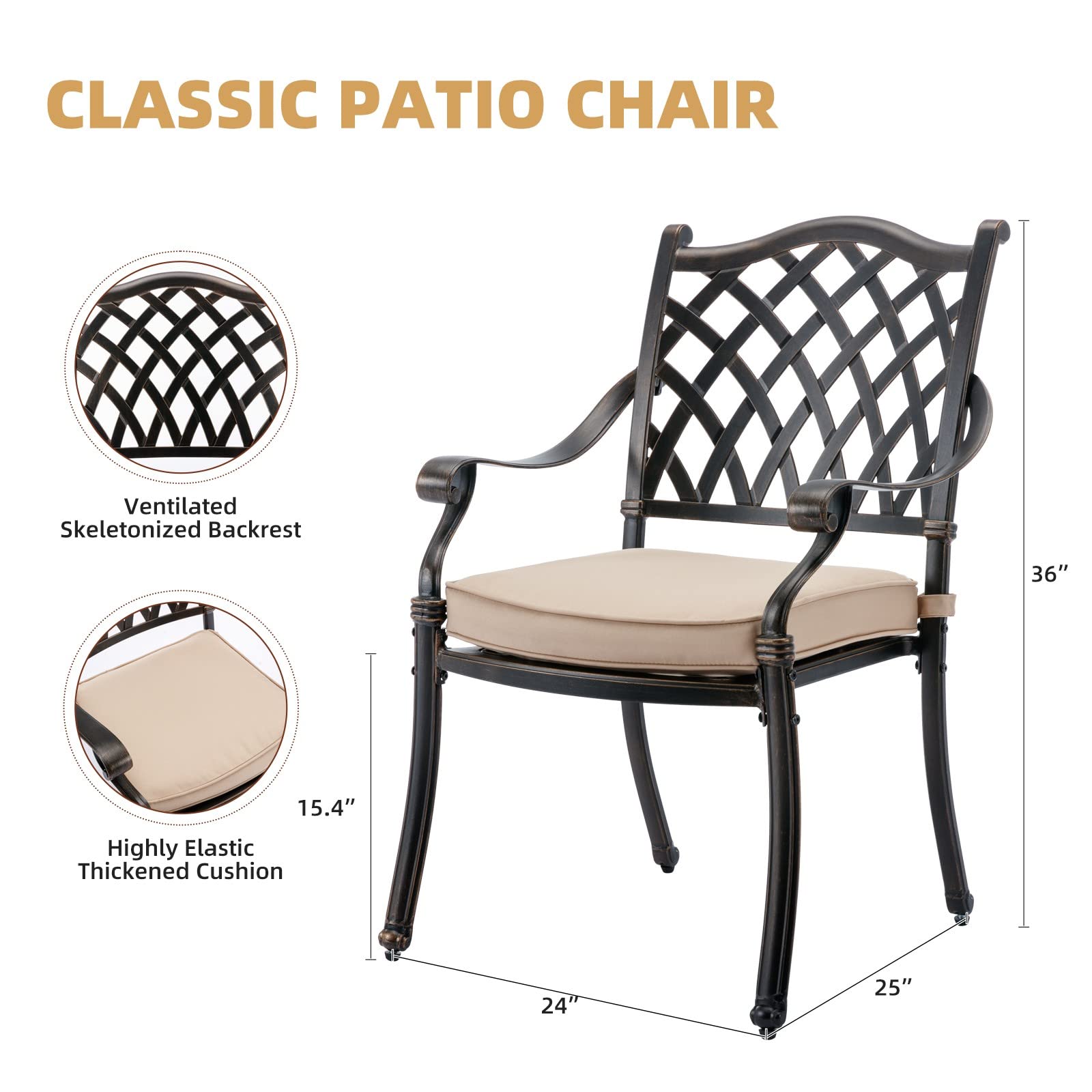 2 Pcs Outdoor Cast Aluminium Dining Chairs Set - All Weather Patio Chairs with Removable Cushions, Antique Brass Patio Chairs with Armrests Backrests for Bistro, Restaurant, Garden, Backyard