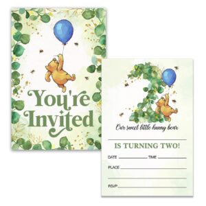 Dolimifa Winnie the Pooh 2nd Birthday Invitations Fill in Style Greenery Winnie the Pooh Blue Balloon Little Hunny Bear Winnie Second Birthday Invites for 2 Year Old, 20 Count With Envelopes