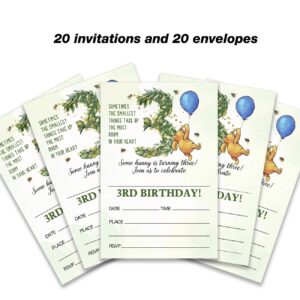 Dolimifa Winnie the Pooh 3rd Birthday Invitations Fill in Style Greenery Winnie the Pooh Blue Balloon Little Hunny Bear Winnie Third Birthday Invites for 3 Year Old, 20 Count With Envelopes