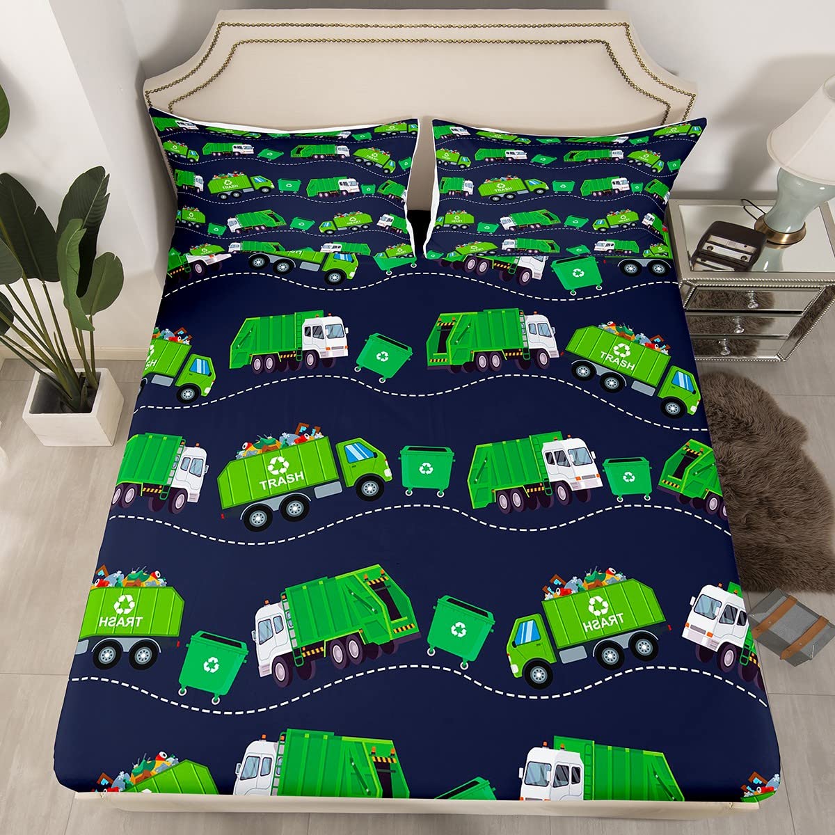 Garbage Trucks Fitted Sheet Twin Size Kids Cartoon Car Bedding Set for Boys Teens Rubbish Car Bed Sheet Set Breathable Vehicles Blue Green Bed Cover Room Decor