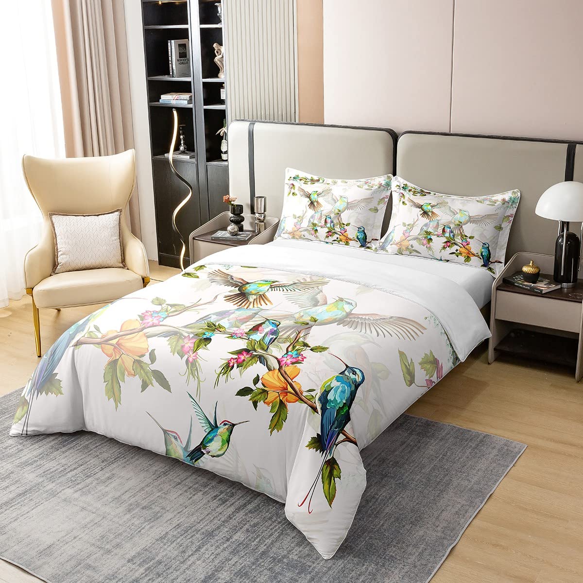 Erosebridal 100% Cotton Birds Duvet Cover King Hummingbird Bedding Set Blue Green Spring Wild Animals Botanical Comforter Cover Farmhouse Nature Spring Wildlife Quilt Cover for Women Girls