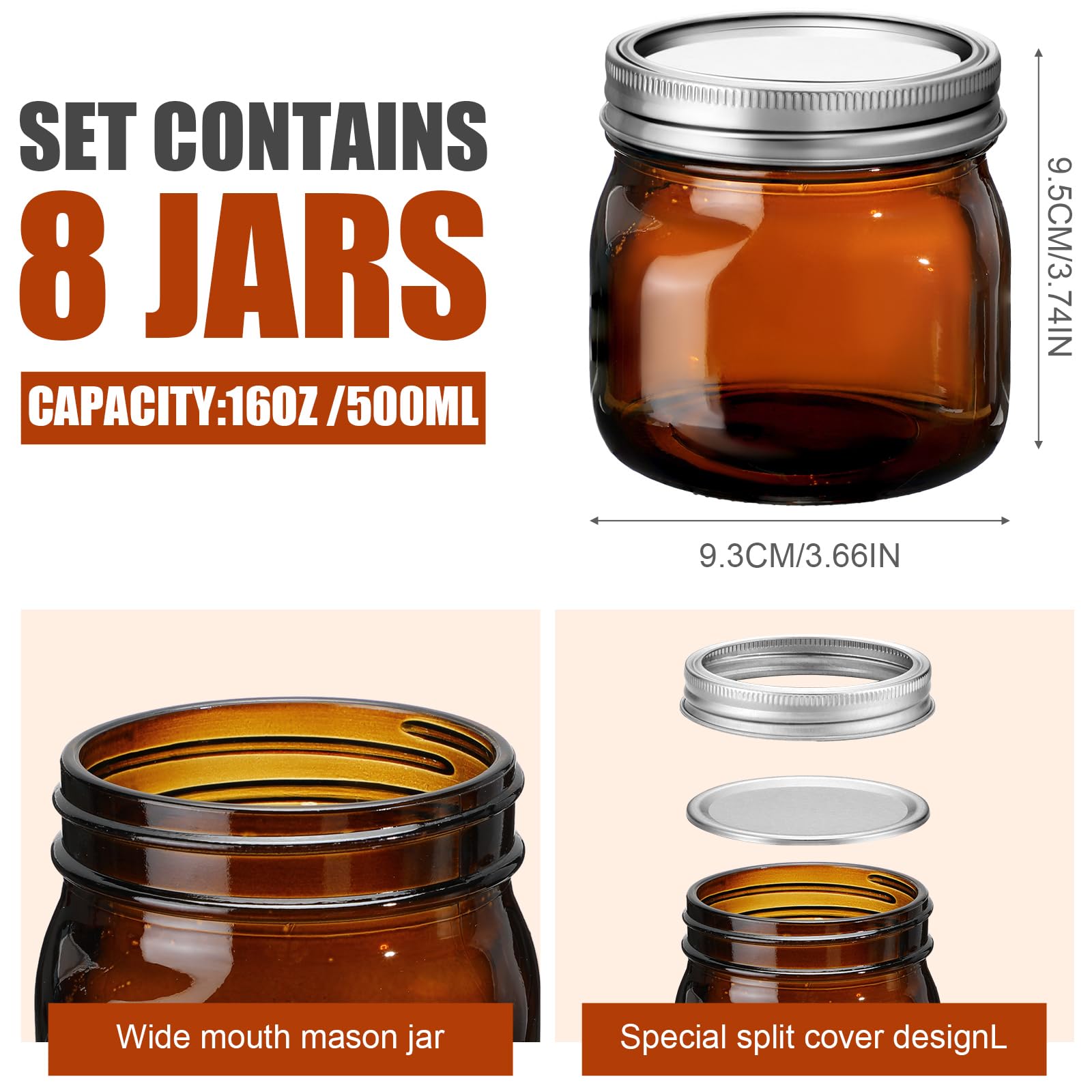 Bokon 8 Pieces Glass Mason Jars 16 oz Wide Mouth with Airtight Lids Dye Glass Canning Pint Jars Mason Jars Suitable for Pickle Fermenting Preserving Jam Jar(Amber)