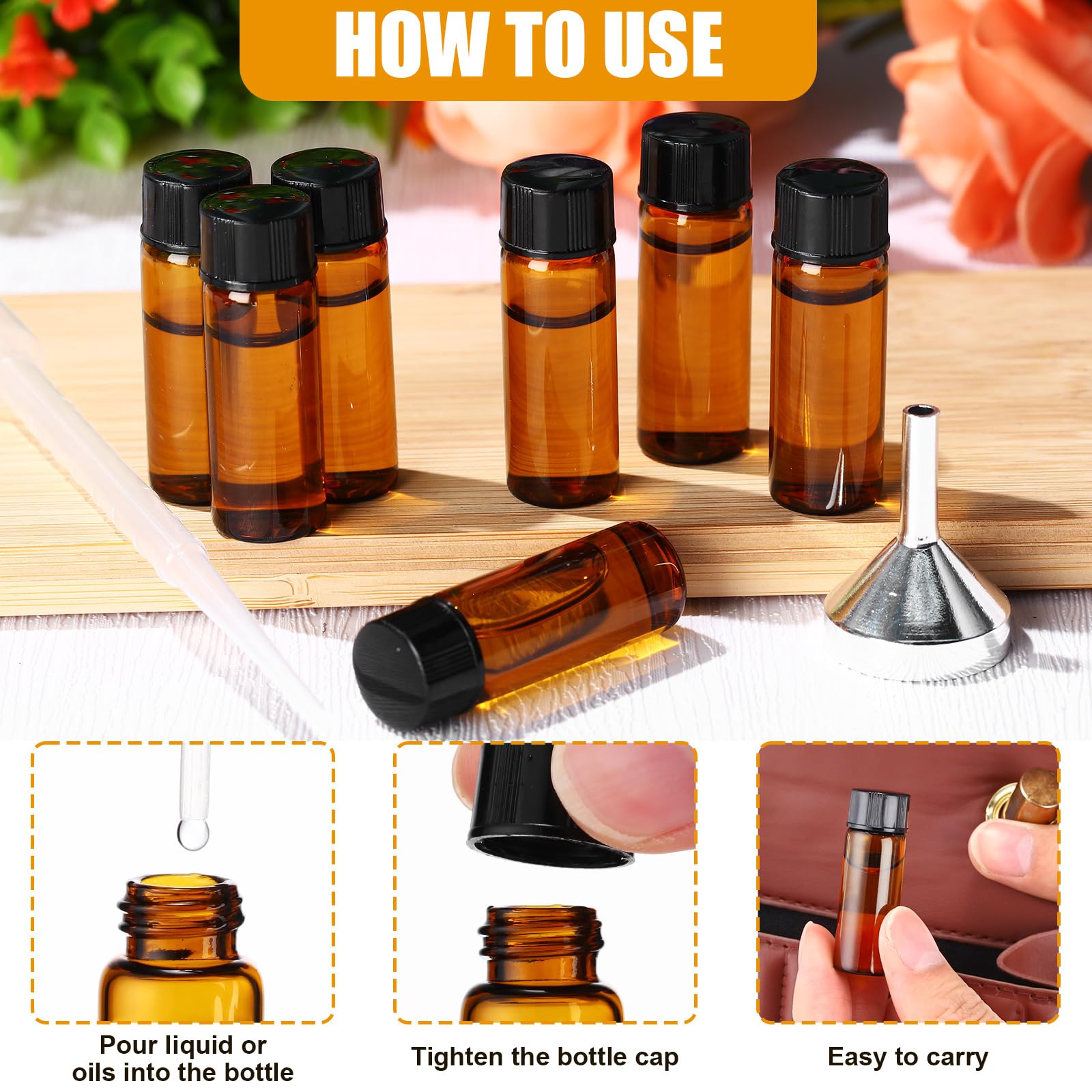 Tanlade 100 Pcs 5ml (1/6 Oz) Small Glass Bottles Essential Oil Bottle with Plastic Screw Caps and Funnel Plastic Pipettes Empty Refillable Sample Bottles for Liquid Preservation Storage(Amber)