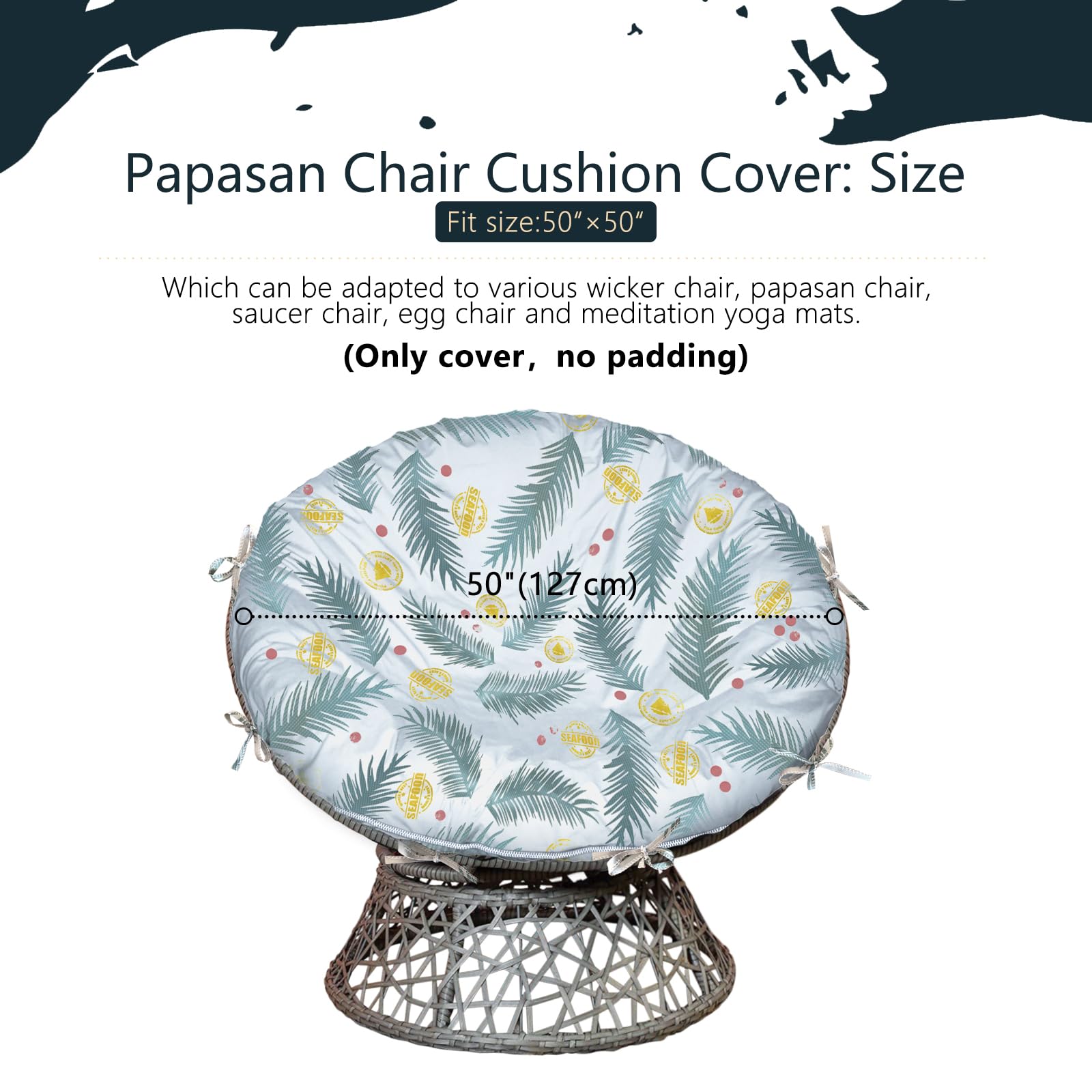 TORUTA Papasan Cushion Covers 50"D - Blue Leaf Flower Color 600D Waterproof Heavy Duty Oxford Cloth Outdoor patio Zippered Papasan Cushion Cover