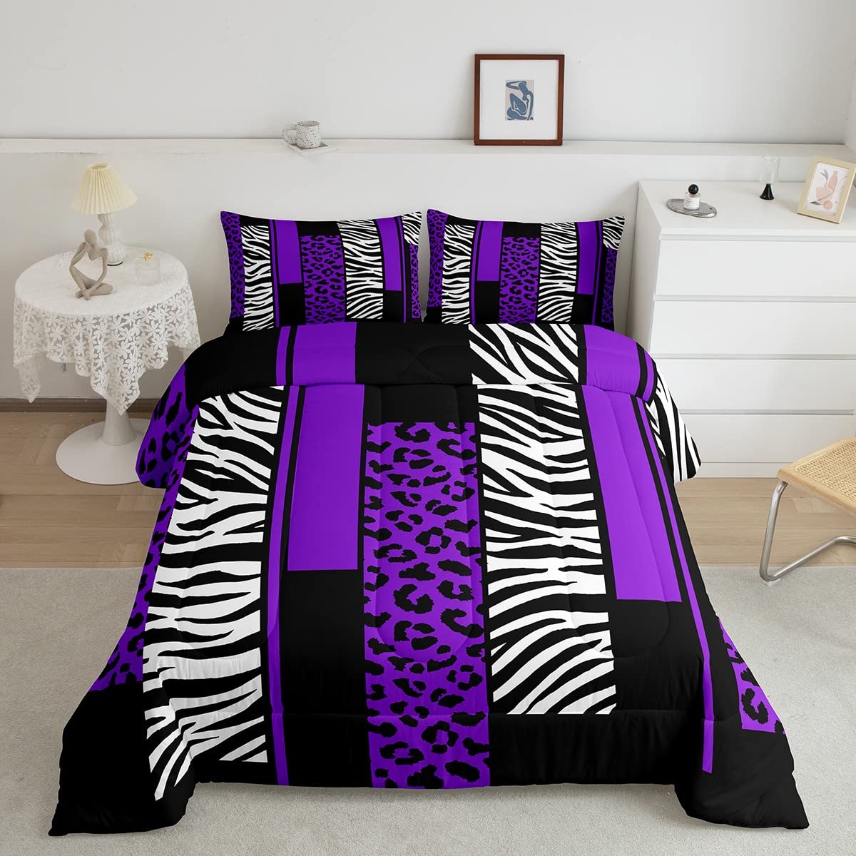 Feelyou Leopard Zebra Comforter Set King Size Kids Cheetah Purple White Black Comforter for Boys Teens Animal Print Bedding Set Safari Duvet Set Geometry Room Decor Quilt Boys