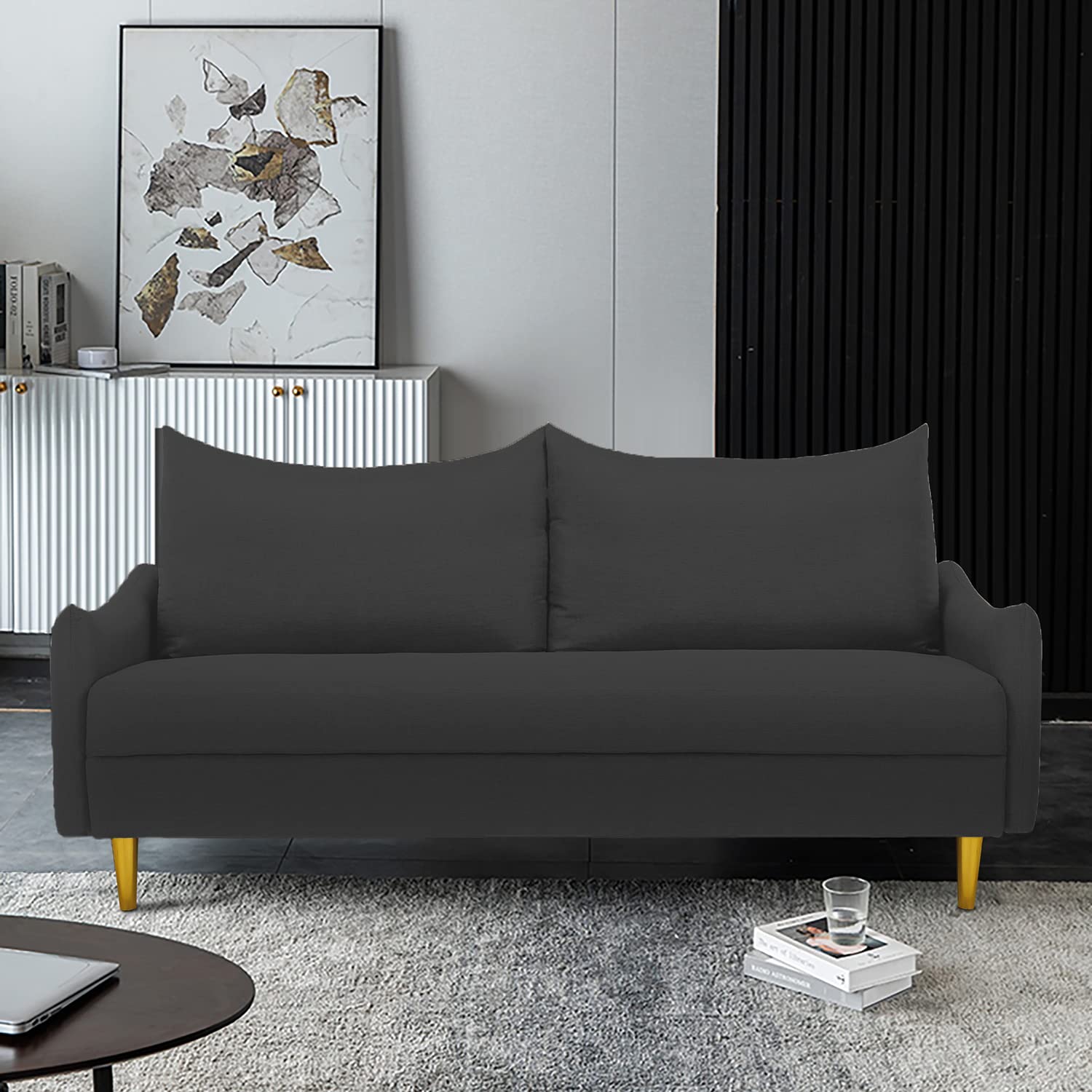 AnwickNomo Modern 67" Fabric Loveseat Sofa, 2-Seater Couch for Living Room, Small Space Furniture with Golden Legs, Upholstered Love Seats for Apartment, Bedroom, Living Room, Home Office (Dark Grey)