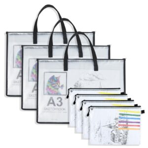 totiyea art portfolio bag with handle and zipper set, 15.75 x 21.65 inches 3 pcs & 9.25 x 12.6 inches 4 pcs, large clear waterproof poster storage bag for artworks, drawing pads supplies丨multipurpose