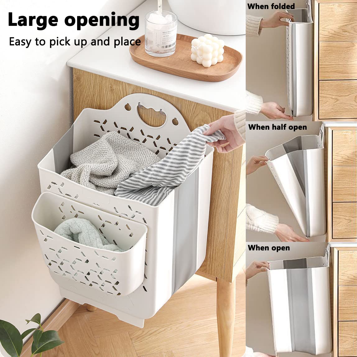 Earssa 2PCS Hanging Laundry Basket with Carry Handle, Foldable Plastic Laundry Hamper, Wall Hanging Storage Basket, Dirty Clothes Storage Bin Multi-function Storage Container (White,Small)