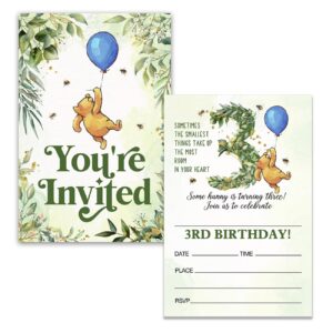 Dolimifa Winnie the Pooh 3rd Birthday Invitations Fill in Style Greenery Winnie the Pooh Blue Balloon Little Hunny Bear Winnie Third Birthday Invites for 3 Year Old, 20 Count With Envelopes