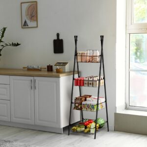 Wire Basket Stand for Kitchen and Bathroom 4 Tier Fruit Storage Basket Stand Metal Floor Standing Vegetable Holder Basket Stand for Snacks Pantry Kitchen Storage, Black