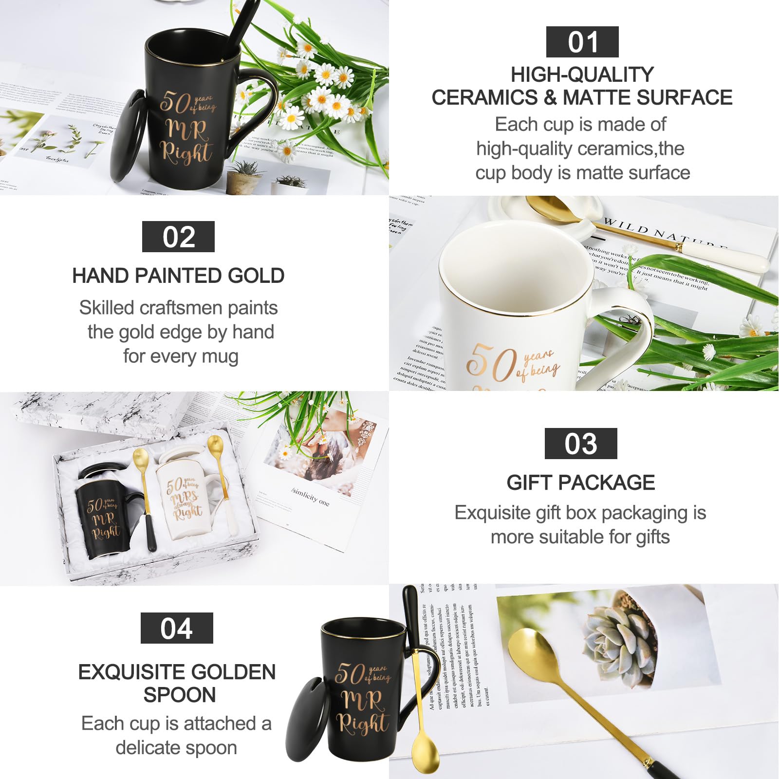 YHRJWN - 50th Wedding Gifts, 50 Years of Being Mr & Mrs Always Right Mug Set, Wedding Gifts Ideas for Parents Couple, 14 Oz with Lids and Gift Box