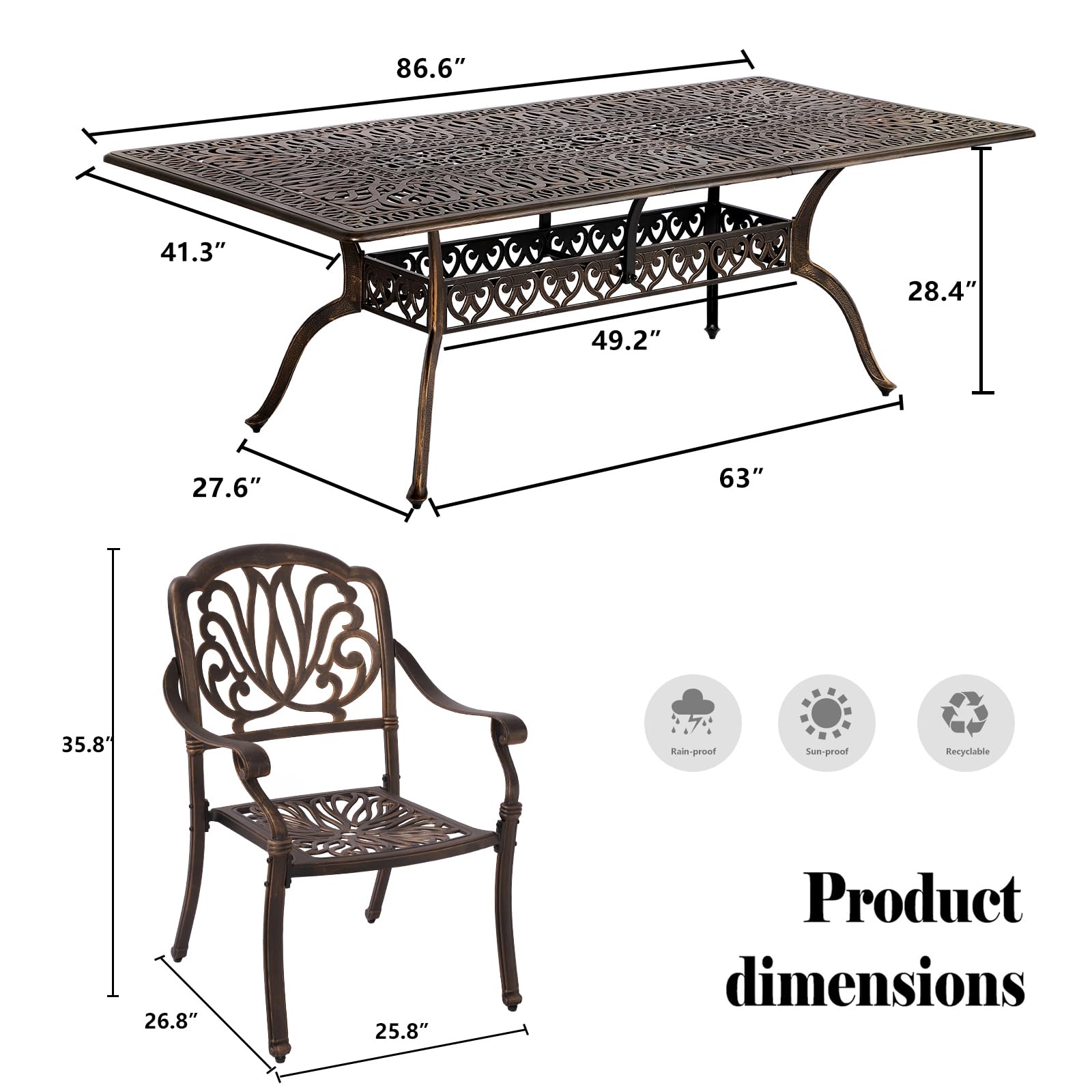 TITIMO 9-Piece Cast Aluminum Patio Furniture Set, Outdoor Dining Set Bistro Conversation Set, All-Weather Rectangular Dining Set with Umbrella Hole(8 Flower Pattern Chairs Without Cushions)