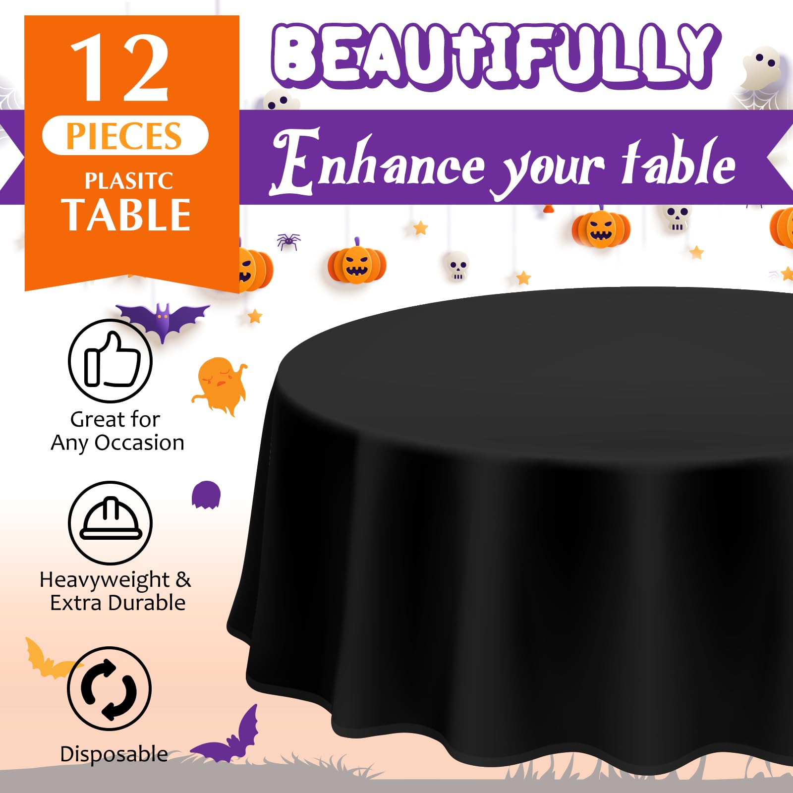 Amylove 12 Pcs 84 Inch Plastic Halloween Tablecloth Round Waterproof Disposable Orange Purple Table Cloth Tabletop Halloween Decorative Table Cover for Halloween Parties Decorations