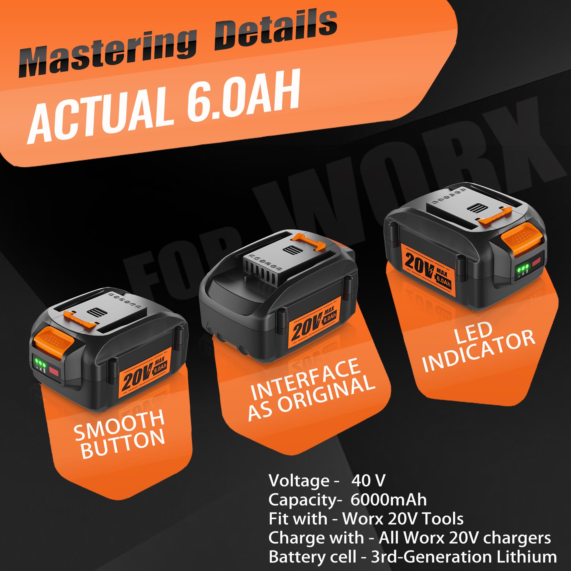 【NEW LED Indicator】2Pack 6.0Ah 20V Replace Battery for Worx 20V Battery Compatible with Worx 20 Volt Lithium WA3520 WA3525 WG151s WG155s WG251s WG255s WG540s WG545s Cordless Power Tools Battery