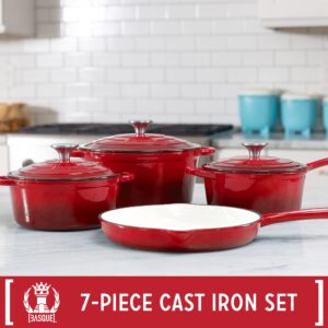 Basque Enameled Cast Iron Cookware Set (Rouge Red), 7-Piece Set, Nonstick, Oversized Handles, Oven Safe; 10.25" Skillet, 2QT Saucepan, 2.25QT Small Dutch Oven, 4.75QT Large Dutch Oven