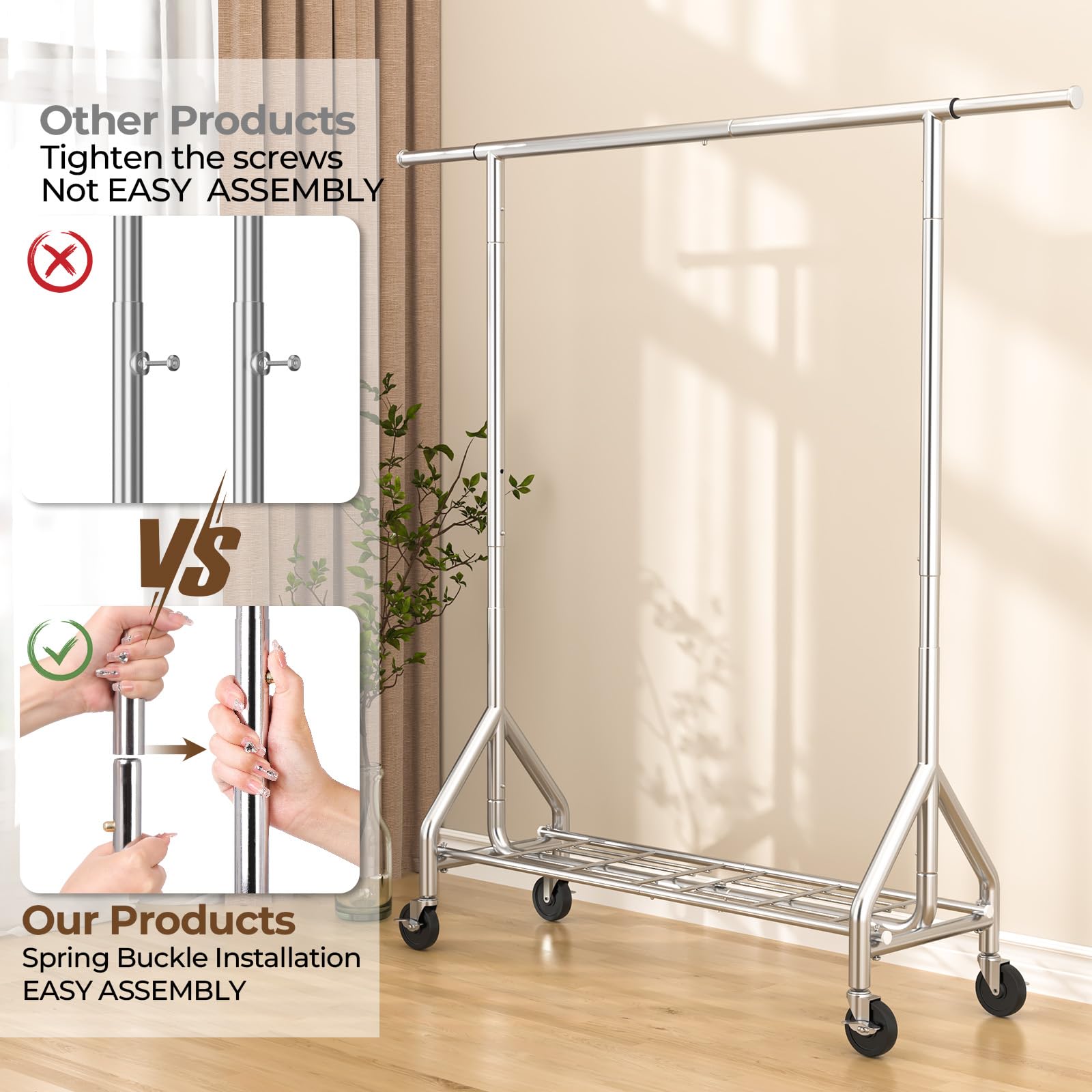 HYSEYY Heavy Duty Clothes Rack Load 450 LBS, Metal Garment Rack, Standing Rolling Clothing Rack for Hanging Clothes with Sturdy Wheels & Shelves, Portable Closet Wardrobe Rack,Sliver