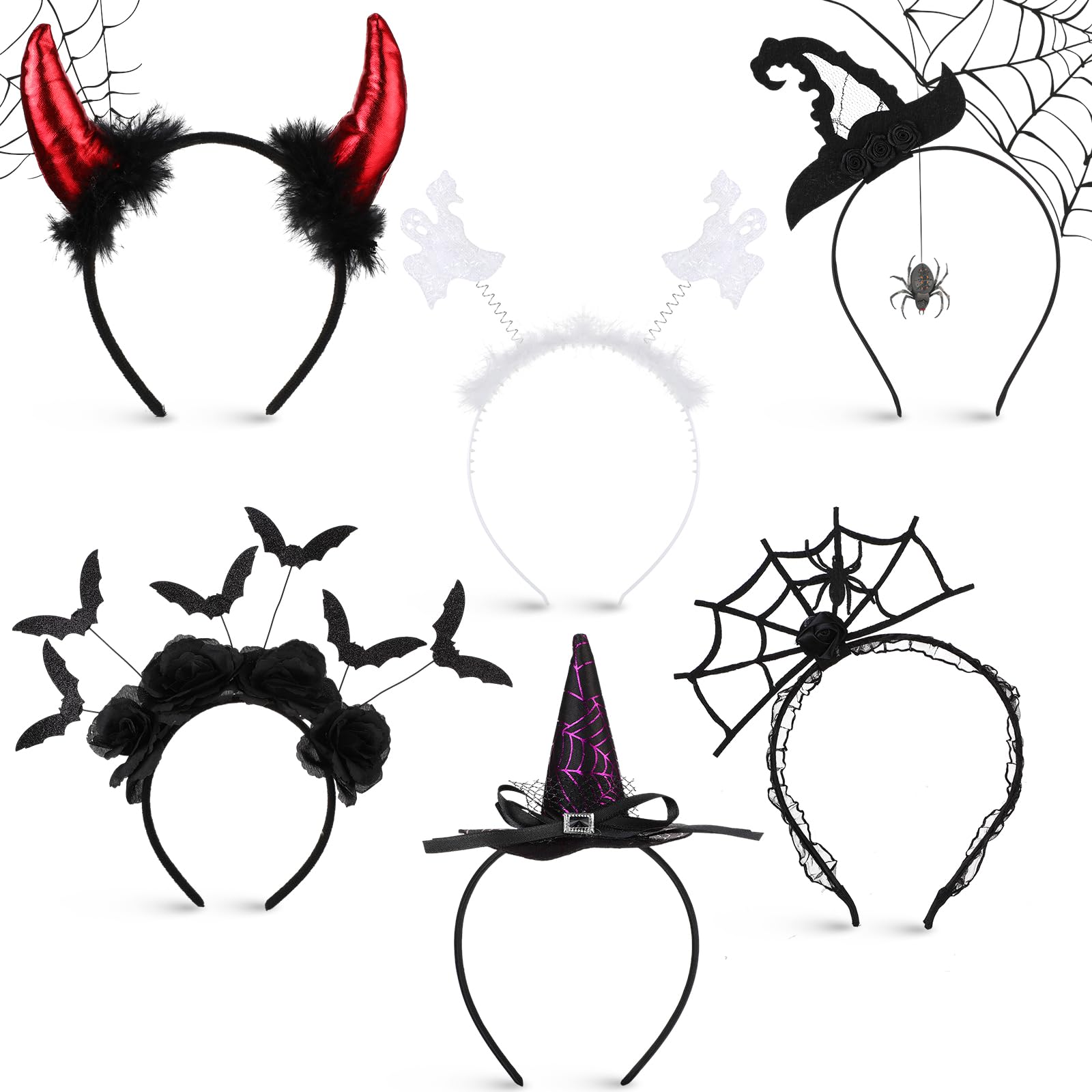 Lyrow 6 Pcs Halloween Headbands Devil Horn Headband Spider Headband Witch Hat Headband Black Bat Headband Halloween Costume Accessory for Women Halloween Cosplay Party Favors