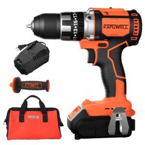 kafuwell cordless drill set, 3-in-1 20v power drill with battery and charger, 1/2” metal chuck, 710 in-lbs torque, 2 variable speeds, 20+3 hammer drill driver