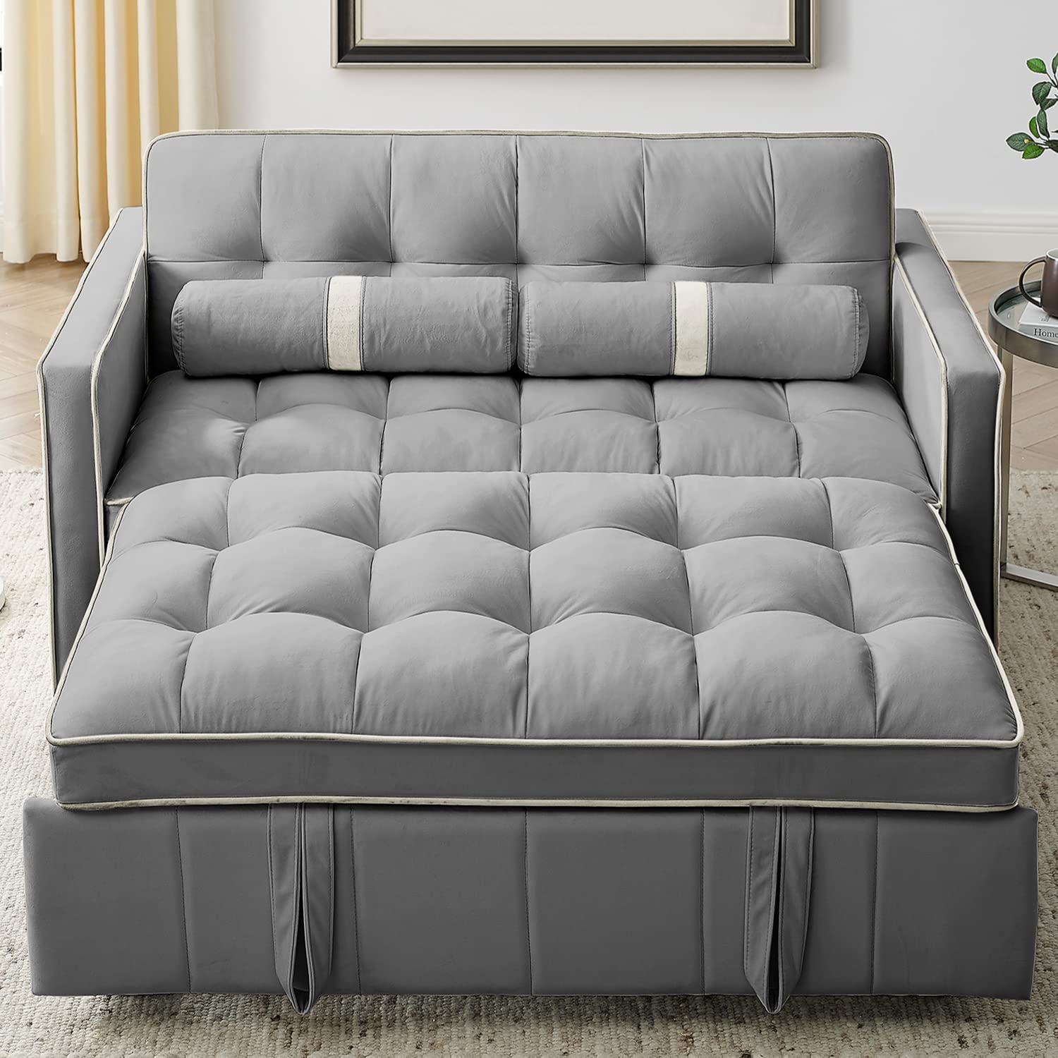 LKTART Modern 55.5" Pull Out Velvet Sleep Sofa Bed with Side Pockets Adjsutable Backrest and Lumbar Pillows for Apartment Office Living Room Grey