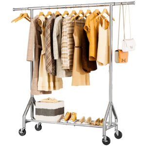 HYSEYY Heavy Duty Clothes Rack Load 450 LBS, Metal Garment Rack, Standing Rolling Clothing Rack for Hanging Clothes with Sturdy Wheels & Shelves, Portable Closet Wardrobe Rack,Sliver