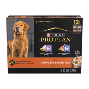 purina pro plan complete essentials lamb and vegetables and turkey and vegetables slices in gravy 12ct high protein wet dog food variety pack - (pack of 12) 13 oz. cans