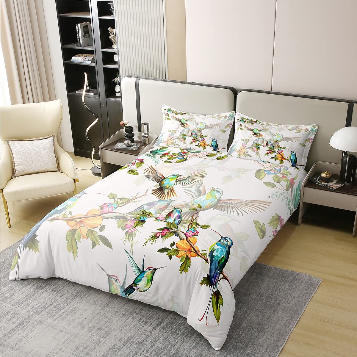 Erosebridal 100% Cotton Birds Duvet Cover King Hummingbird Bedding Set Blue Green Spring Wild Animals Botanical Comforter Cover Farmhouse Nature Spring Wildlife Quilt Cover for Women Girls