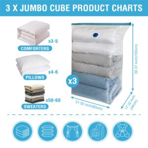 3 Pack Cube Vacuum Storage Bags, Jumbo Vacuum Cubes for Storage Vacuum Sealed, Extra Large Space Saver Vacuum Storage Bags for Bedding, Clothes, Comforters, Blanket, Duvets