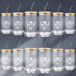 Lallisa 12 Pack Sweet 13/16/18th Gifts for Girls 16 oz Glass Cups with Lids and Straws 13/16/18th Birthday Party Favors for Her 16oz Coffee Glass Cups for Daughter Birthday Gift(Cute 16th Style)