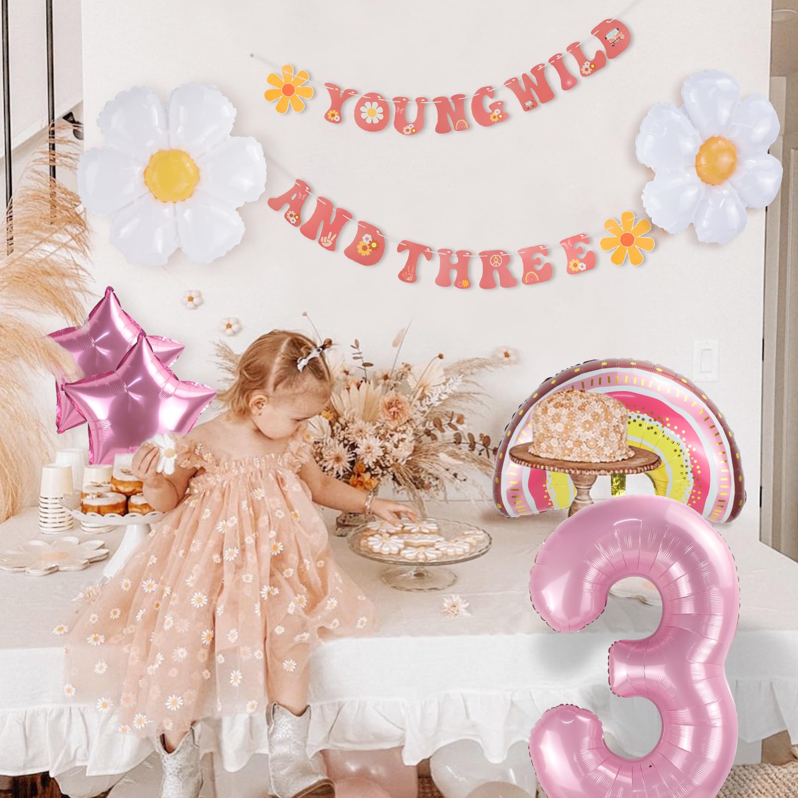 Young Wild and Three Decorations Girl Banner,3rd Birthday Party Decorations,Groovy Retro Hippie Boho Daisy Flower Rainbow And Pink Stars Foil Balloon For Birthday Party Supplies