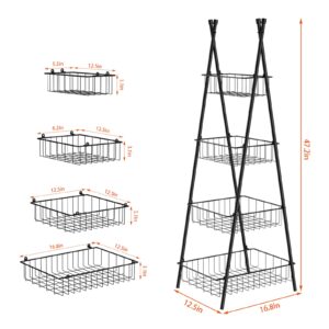 Wire Basket Stand for Kitchen and Bathroom 4 Tier Fruit Storage Basket Stand Metal Floor Standing Vegetable Holder Basket Stand for Snacks Pantry Kitchen Storage, Black