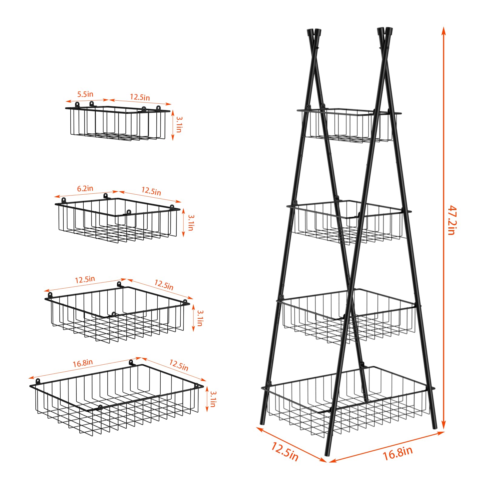 Wire Basket Stand for Kitchen and Bathroom 4 Tier Fruit Storage Basket Stand Metal Floor Standing Vegetable Holder Basket Stand for Snacks Pantry Kitchen Storage, Black