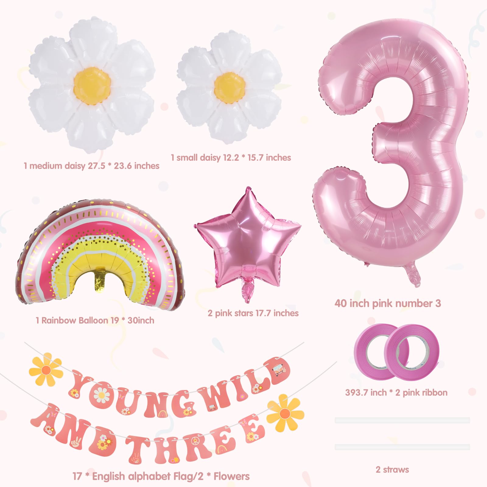 Young Wild and Three Decorations Girl Banner,3rd Birthday Party Decorations,Groovy Retro Hippie Boho Daisy Flower Rainbow And Pink Stars Foil Balloon For Birthday Party Supplies