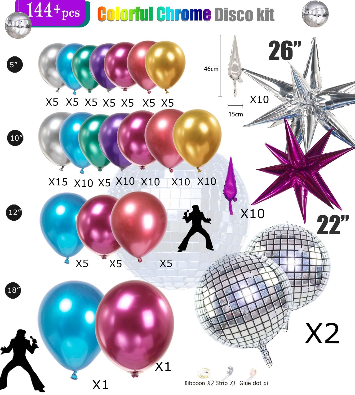 Chrome Balloon garland Arch Kit 130pcs disco party decorations with Metallic purple teal red hot pink Blue &disco ball balloons for 80s 90s birthday Galaxy prom 2024 graduation party decorations