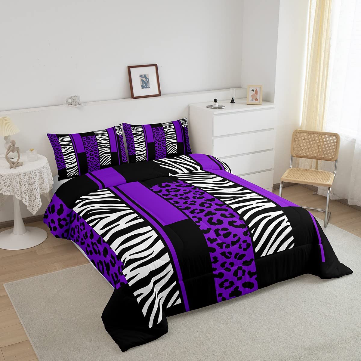 Feelyou Leopard Zebra Comforter Set King Size Kids Cheetah Purple White Black Comforter for Boys Teens Animal Print Bedding Set Safari Duvet Set Geometry Room Decor Quilt Boys