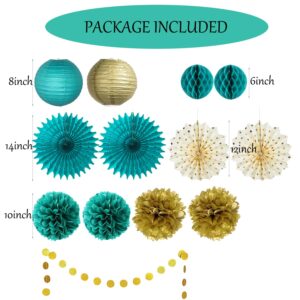 Teal Blue and Gold Party Decoration Tissue Pom Poms Flowers Teal Paper Fans Lanterns Gold Circle Dot Garland for Teal Gold Wedding Bridal Shower Engagement Women Birthday Turquoise Party Decorations