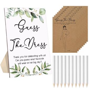 seajan guess the dress bridal shower game wooden game sign fun bridal shower games table sign 50 small guessing cards 50 pencils for guests wedding games bachelorette party supplies (green leaves)