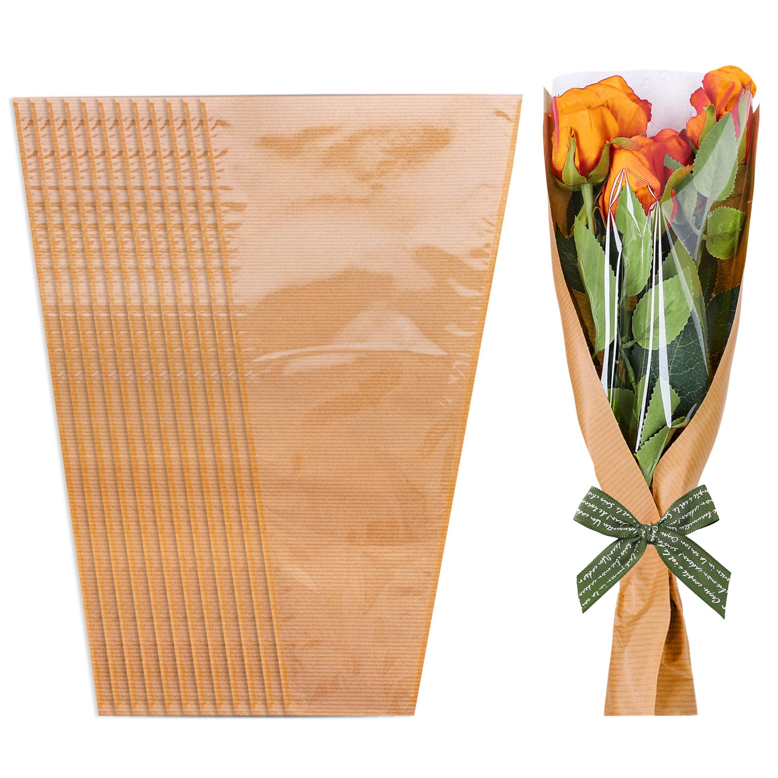 Whaline 50Pcs Flower Wrapping Bags Christmas Kraft Paper Floral Packing Sleeves Bouquet Bags Clear Flower Wrapping Sleeves for Thanksgiving Wedding Birthday Mother's Day Gift, 9.8x3.9x17.9 Inch