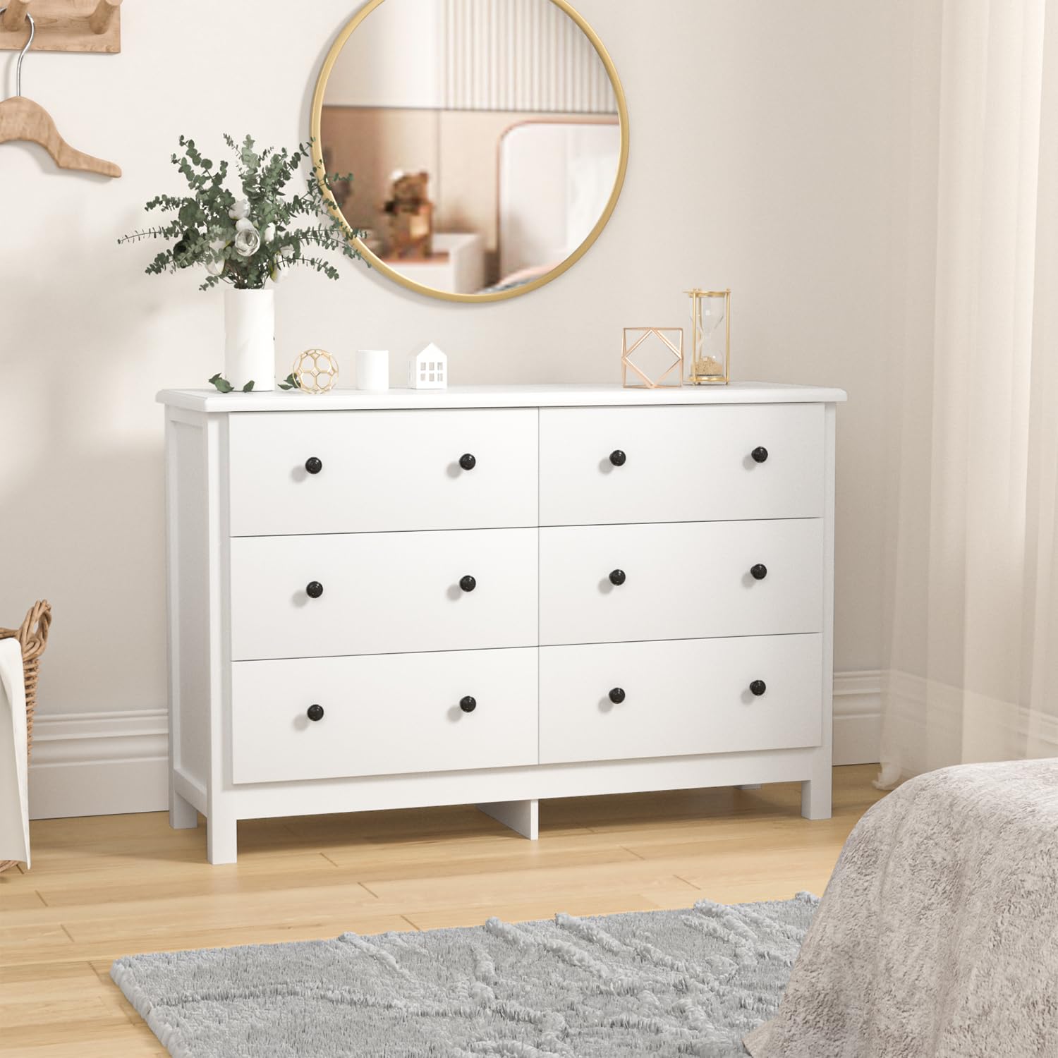 SINROM White Dresser for Bedroom, Modern 6 Drawer Dresser for Living Room, Hallway, Wide Chest of Drawer with Black Pulls