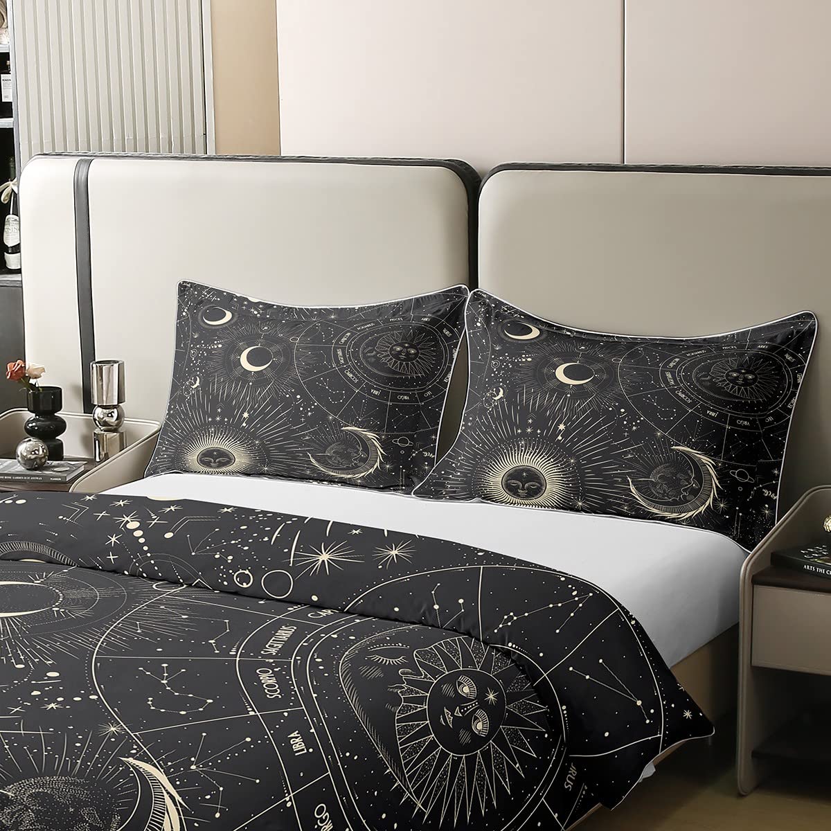 Erosebridal 100% Cotton Bohemian Sun Moon Comforter Cover Constellation Duvet Cover Starry Sky Bedding Set Exotic Style Black Room Decorative Quilt Cover 1 Duvet Cover with 1 Pillow Sham Full Size