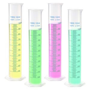 bekith 4 pack 1000ml plastic graduated cylinder with stable base, plastic measuring cylinder 2-sided marking lab cylinders, clear measuring cylinder for science projects, laboratory supplies